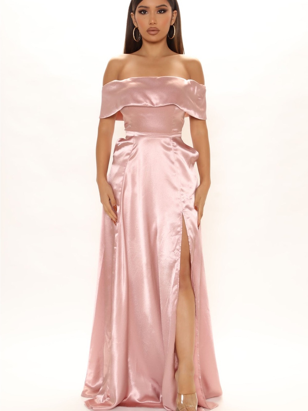 Fashion Nova Blush Pink Off-Shoulder Satin Gown